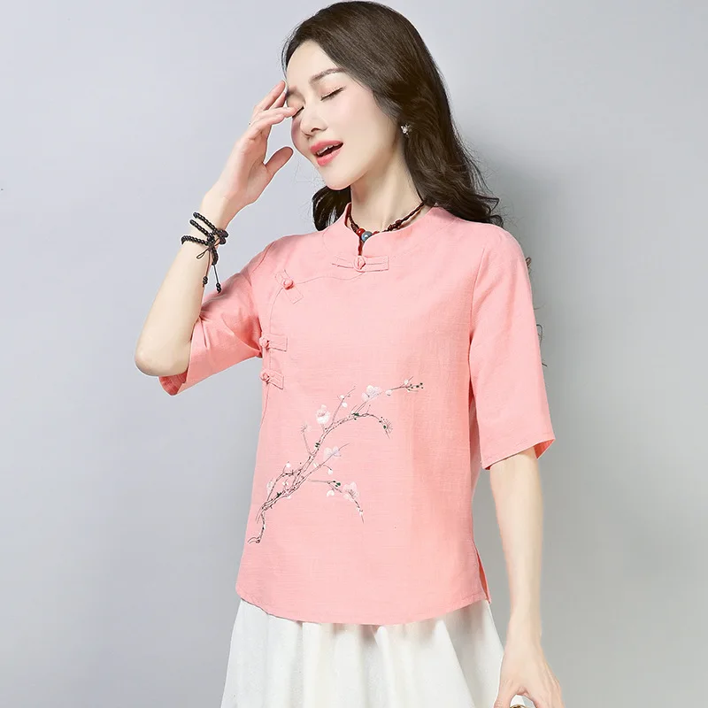 

Summer Chinese Style Womens Ladies Floral White Half Sleeve Linen Blouse Shirt , Female Mandarin Collar Printed Flower Blouses