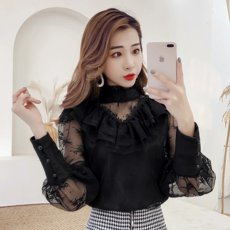

Sale Long Full Sleeve Lace Tops Women Blouses Ruffles Vintage Autumn Patchwork Elegant Plus Sizes Lady Lace Casual Shirts Blousa