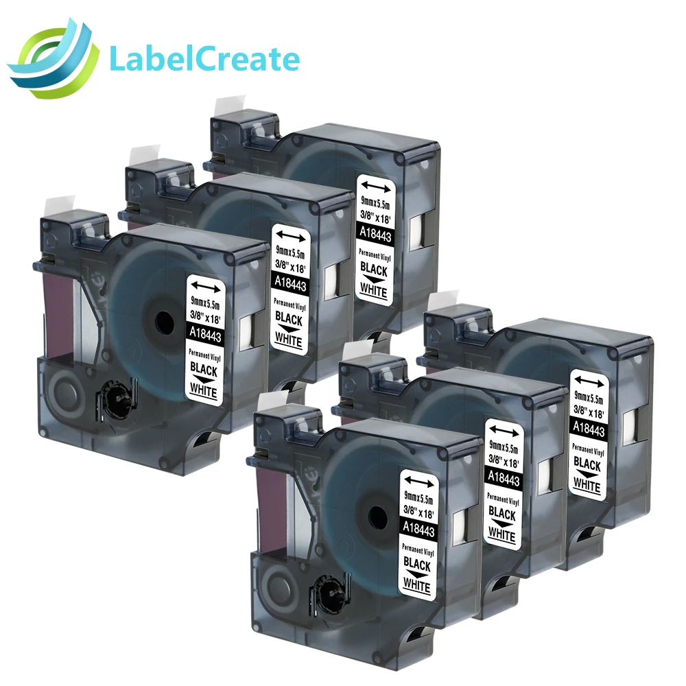 6 пачек лент Dymo 18443 9 мм IND Rhino, совместимых с постоянными виниловыми лентами, ламинированной клеевой основой.