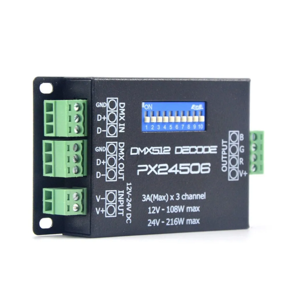 Mokungit PX24506 12-24 В 3AX3CH DMX512 декодер драйвер RGB Усилитель контроллер для 5050 3528