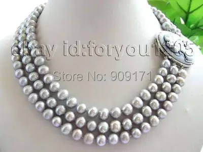 

Free Shipping>>3rows Natural 8-9mm Round Gray Pearl Necklace Cameo