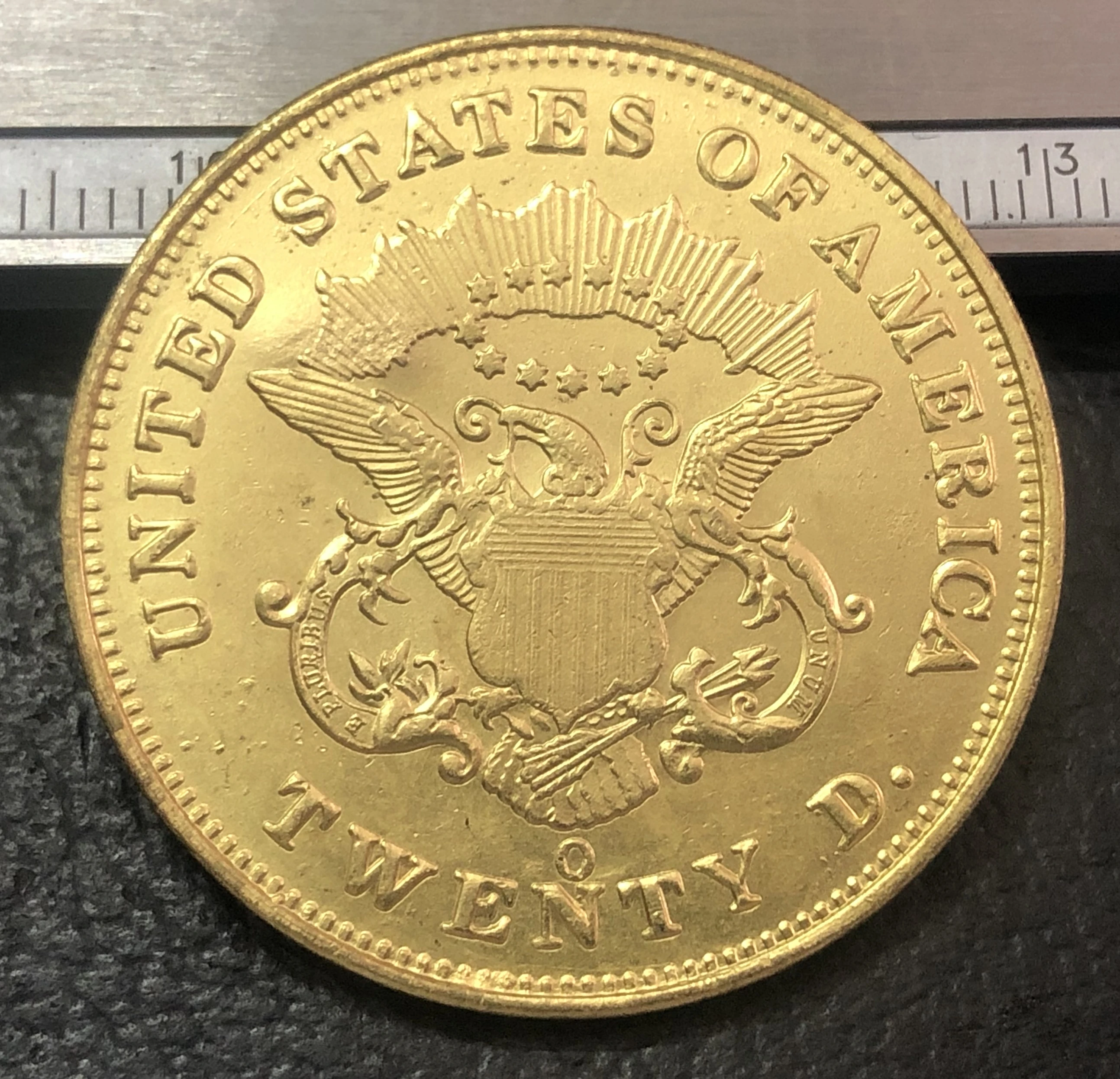1857 P.O.S голова свободы (без девиза на обратной стороне) двадцать долларов или