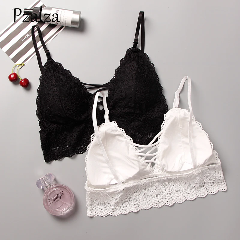 Women Sexy Lace Bralette Triangle Cross Strap Ladies Bras Soft Padded Wireless Brassiere Black White One Sizie | Женская одежда