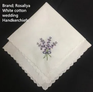 Set of 12 Ladies Handkerchief 12-inch White Cotton Wedding Hankies scallop Edged Color embroidery Vintage Hanky For Ladies/Bride
