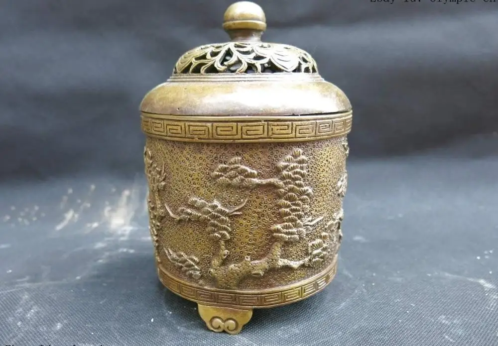 

China brass copper carved finely pine tree Incense Burner Sculpture Statue