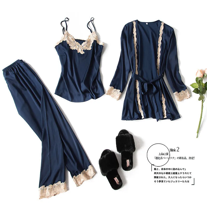 2020 3 предмета женские пикантные кружевные шелковые пижамы комплект халат слинг