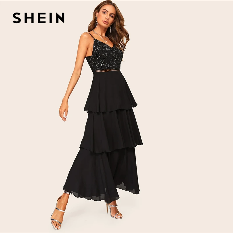 SHEIN Платье На Бретелях С Оборками И Пайетками, Вечернее Платье С Блестками На Бретельках, Нарядное Платье Без Рукавов