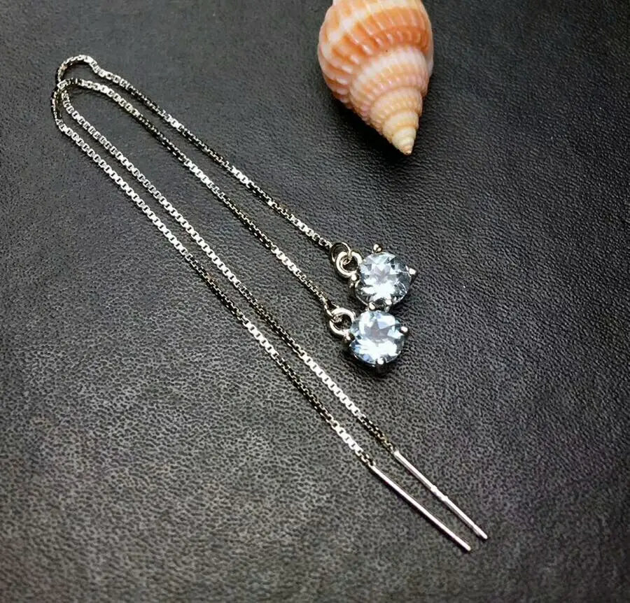 

[MeiBaPJ Natural Aquamarine Gemstone Simple Long Chain Drop Earrings for Women Real 925 Sterling Silver Charm Fine Jewelry