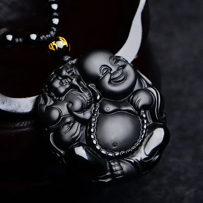 О натуральный черный камень Улыбающийся Будда кулон ожерелье|buddha pendant|necklace stone