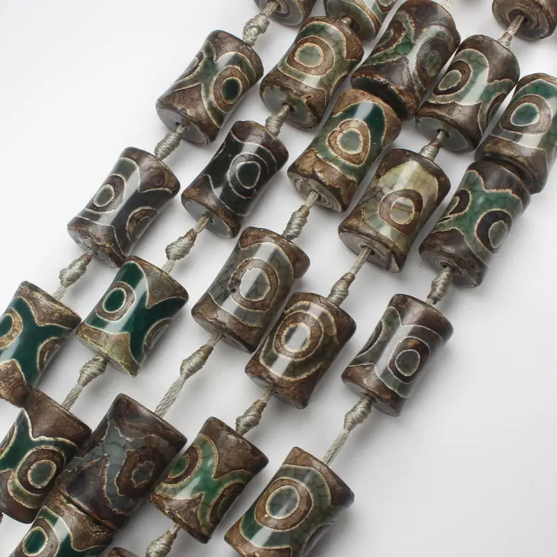 

Free shipping!column 15x20-22mm Green old DZI eye beads Tibet Agates stone Drum DIY Pendant Loose Beads 15"