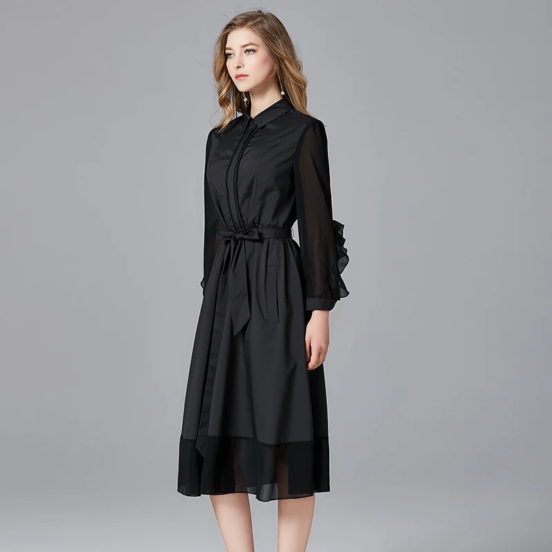 Queechalle 3XL 4XL 5XL размера плюс Повседневное платье-рубашка женское однотонное черное