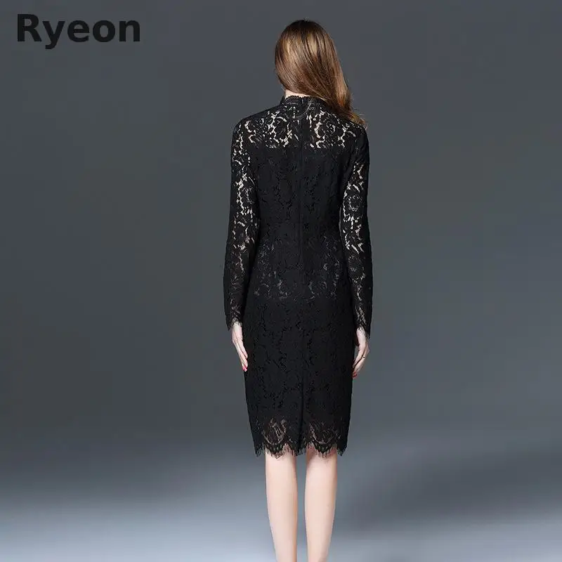Ryeon 5XL Дамы Элегантный Черный Плюс Размер Весна Dress женская Одежда Офис Кружева