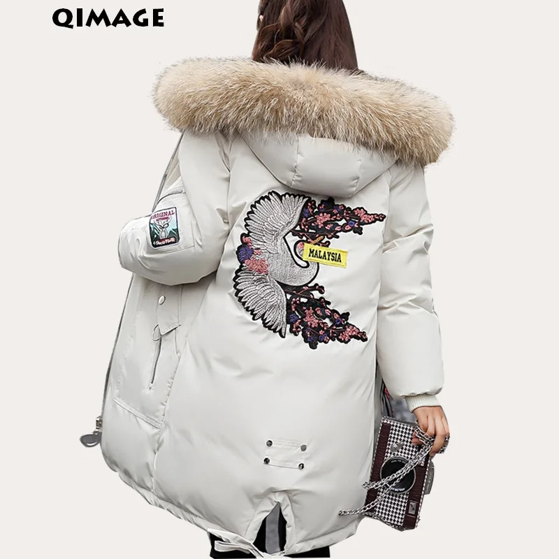 QIMAGE/женские парки с большим меховым воротником 2018 Женская Длинная утепленная