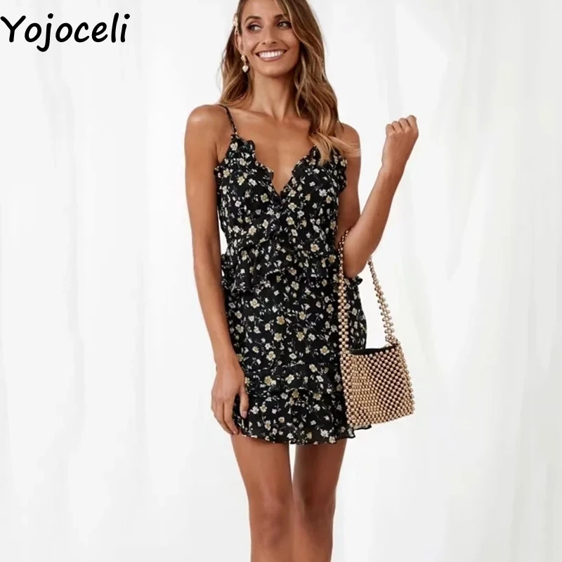 Женское платье Yojoceli Пляжное мини из шифона с цветочным принтом и рюшами на