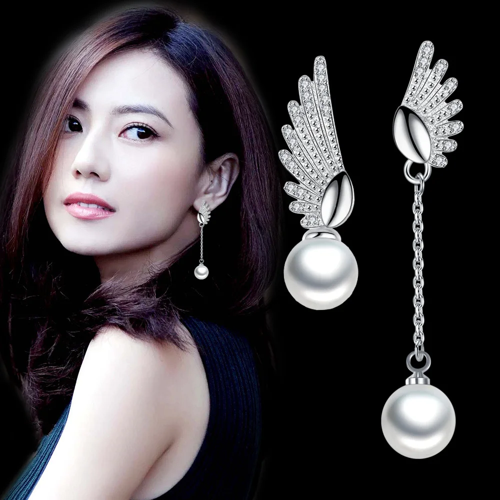 

925 Silver Needle Fashion Pearl Angel Wings Ladies Stud Earrings Women Jewelry Female Christmas Gift Cheap