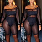 Женский комбинезон с открытыми плечами, прозрачный сетчатый комбинезон, Облегающий комбинезон с воротником-лодочкой и длинным рукавом