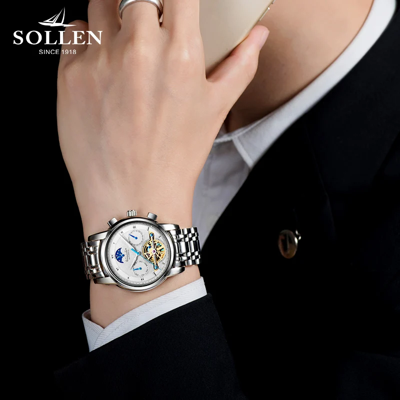 SOLLEN automatic mechanical watch men business hollow men's watches steel waterproof luminous multi-functional male wristwatches |