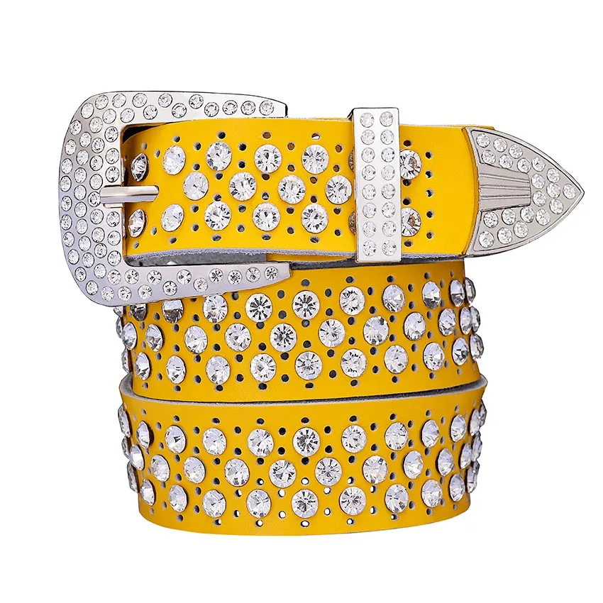 Yellow C Модные стразы, ремни из натуральной кожи для женщин, роскошный женский ремень с пряжкой, качественный ремень из коровьей кожи, женский ремень, ширина 3,3 см - Цвет: Yellow C