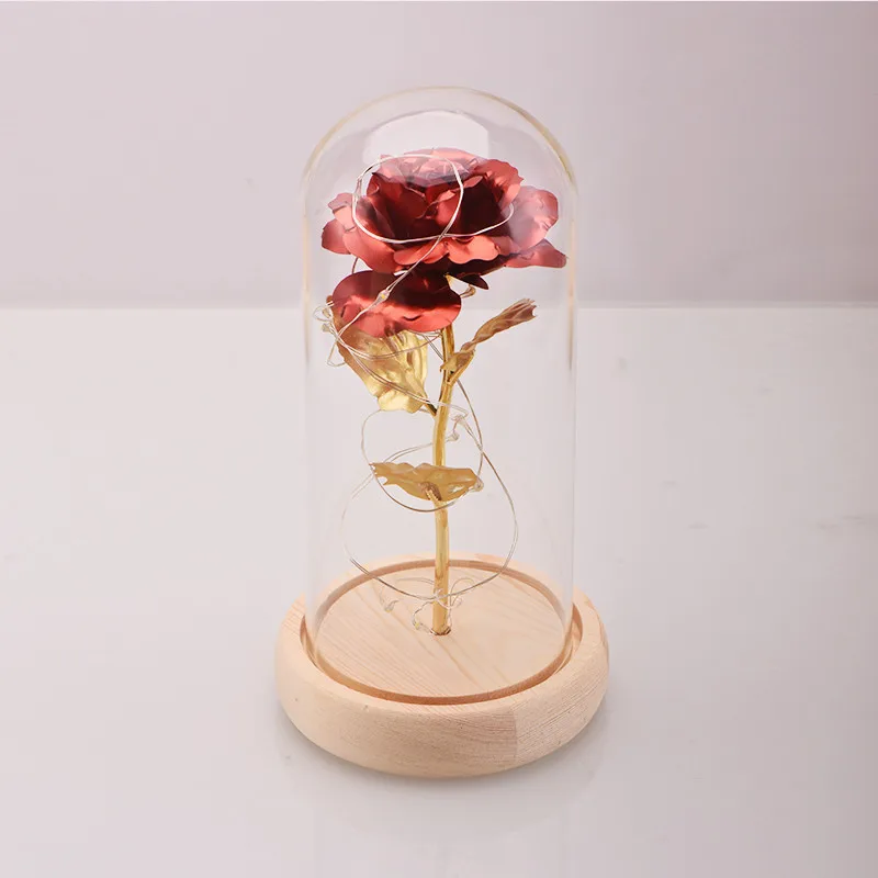 red gold foil Красивый зверь, Красный искусственный цветок, роза, светодиодный светильник, стеклянный купол, креативные подарки на день рождения, День матери, украшение дома - Цвет: red gold foil