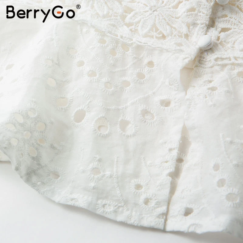 BerryGo винтажная блузка с вышивкой женская рубашка со стоячим воротником блузки