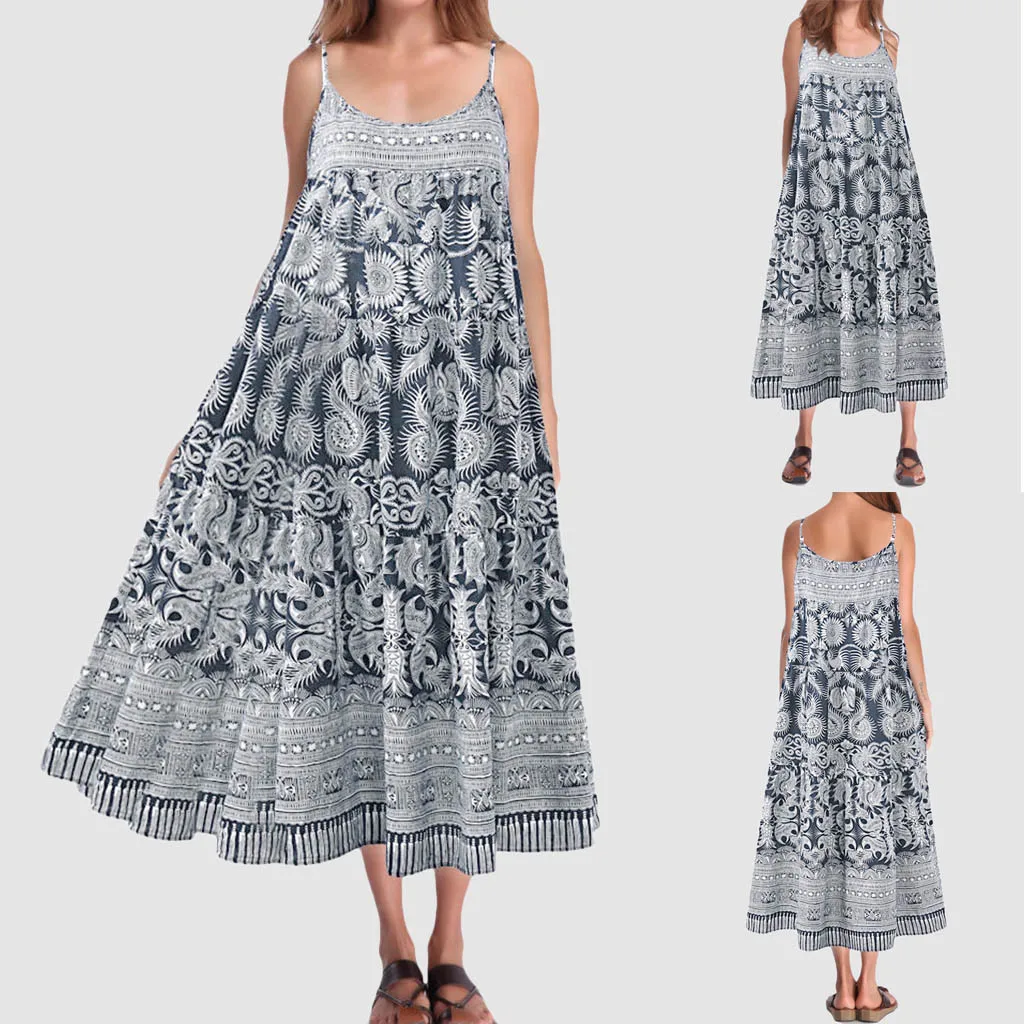 Женские винтажные повседневные свободные платья из хлопка с принтом туника