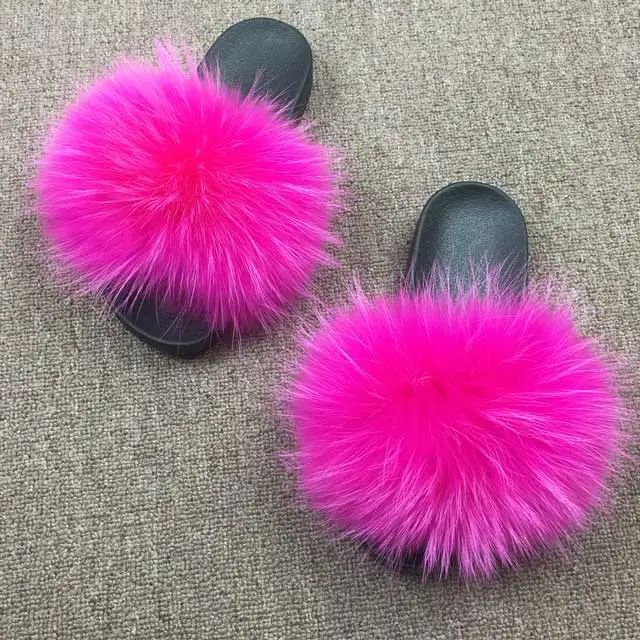Hot Pink VISI HOP/Коллекция года; женские шлепанцы в тропическом стиле с натуральным мехом енота; модные стильные летние шлепанцы; VS1001 - Цвет: Hot Pink