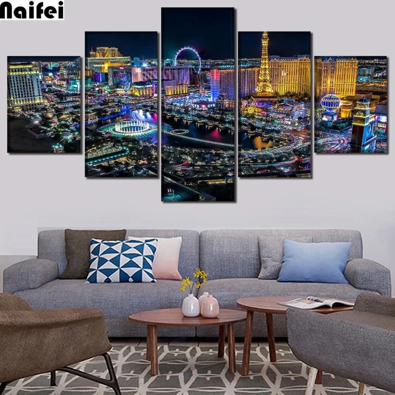 

5 Pieces Las Vegas City Landscape Paintings Full square round DIY 5D Diamond Painting cross stitch kits mosaic embroidery