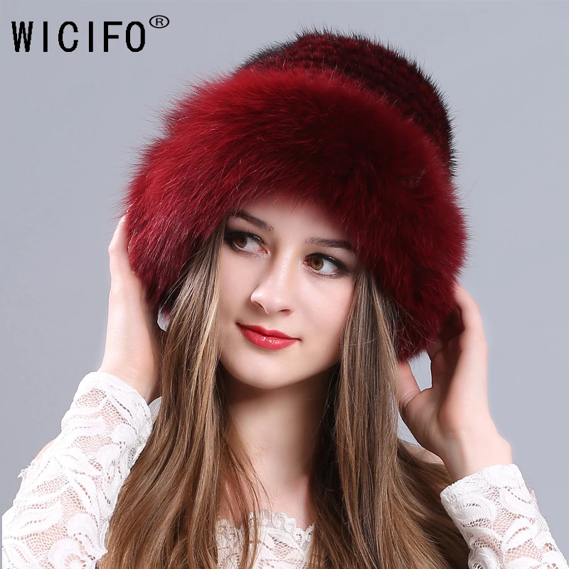 

knitted Caps Winter Big Edge Women Lady Girl Skullies Beanies Cap Thick Comfortable Real Mink Fur Hat Keep WarmRussian fox Hats