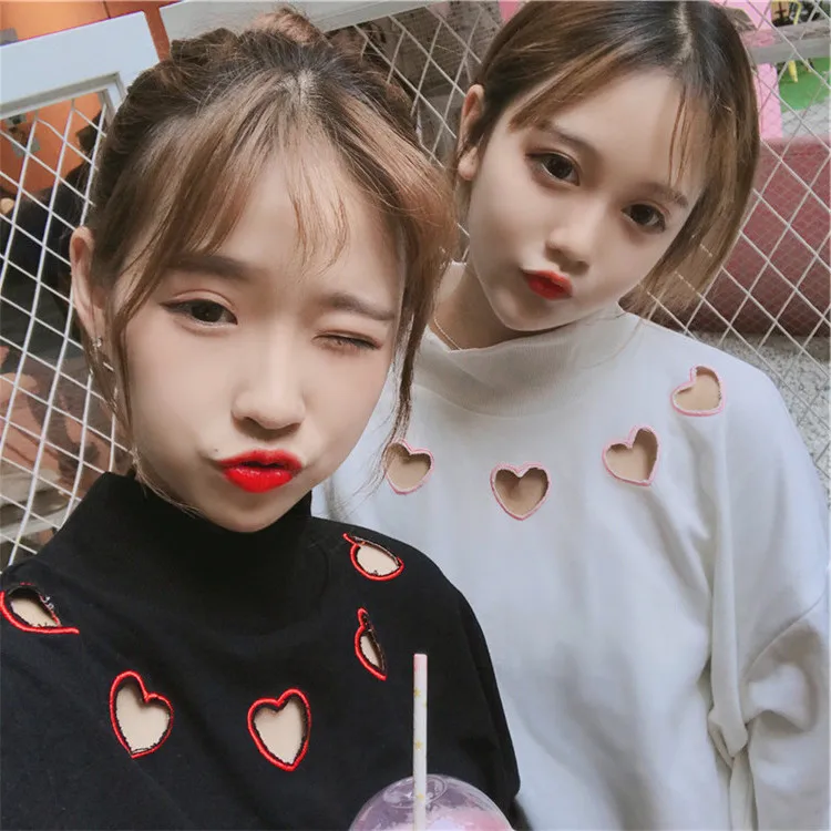 Magiray Harajuku с длинным рукавом осень зима Толстовка для женщин толстовки Kawaii сердце отверстие корейский одеть Белый Топ пуловер C180