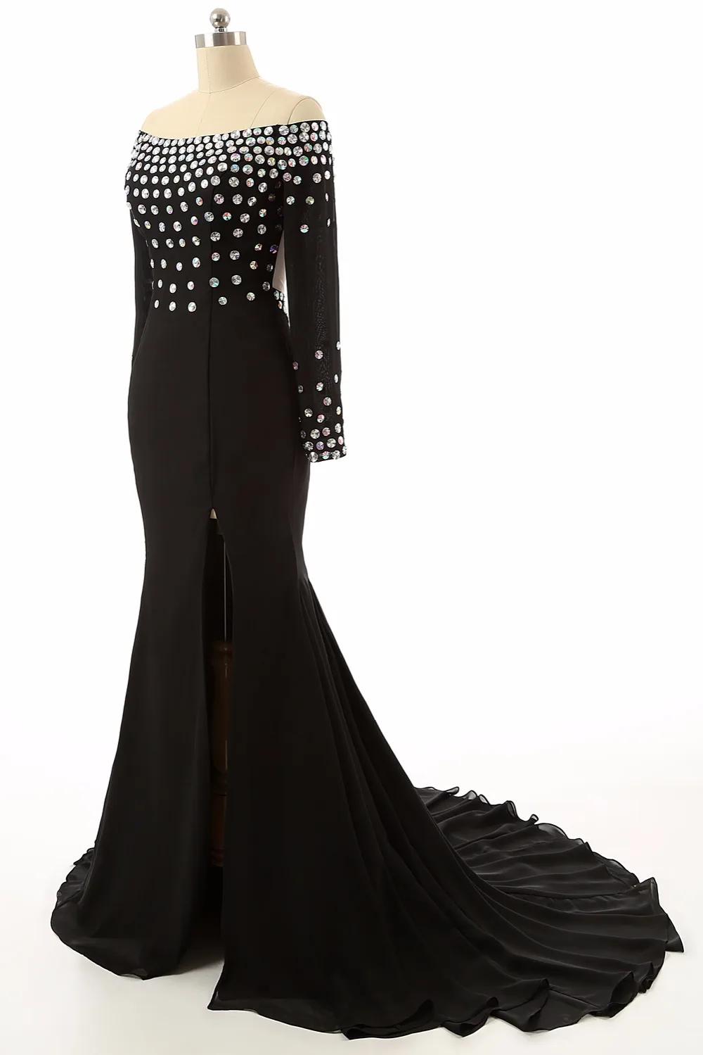 Настоящая фотография шифон бусины половина рукава с высоким разрезом Вечерние