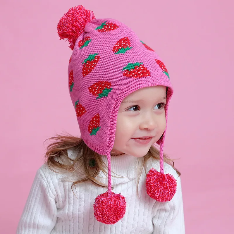 baby &amp kids girls fall winter strawberry print cotton casual earflap beanie hat children fashion cute knitted caps | Детская одежда
