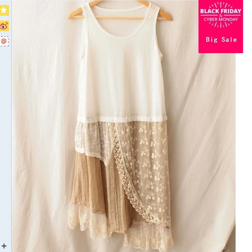 

Japanese Mori Girl Style Spring & Summer Medium Length Sleeveless Slip Asymmetrical Lace Basic Dress For Women Dress W579