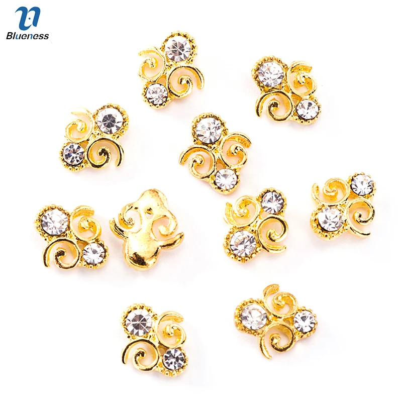 10 шт./лот аксессуары для дизайна ногтей из золотого сплава со стразами и 3D