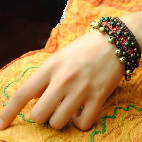 FREE SHIPPING Elegant Green Stones Beads &amp Antique Copper Bells Original Hand-braided Wax Thread Wide Bracelet Ethnic Jewelry | Украшения