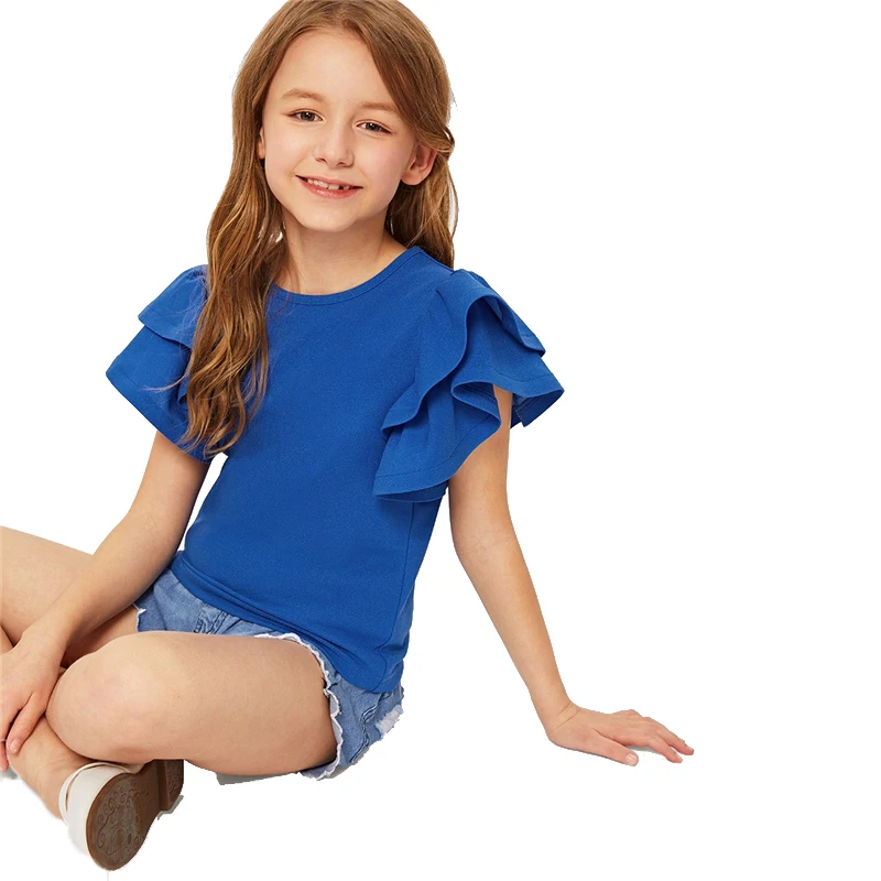 SHEIN kids/однотонная повседневная детская блузка с оборками и многослойным рукавом; коллекция года; сезон лето; милые блузки с рукавами-крылышками; топы для девочек-подростков