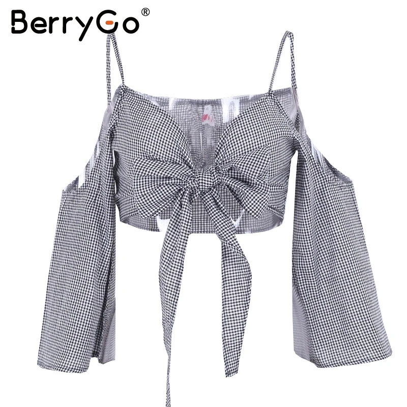 Berrygo сексуальный лук рукав фонарик блузка Femme Модные V шеи плед рубашка Женщины