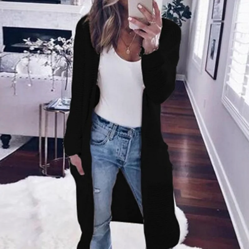 Женский вязаный кардиган CALOFE Длинный свободный свитер с длинным рукавом