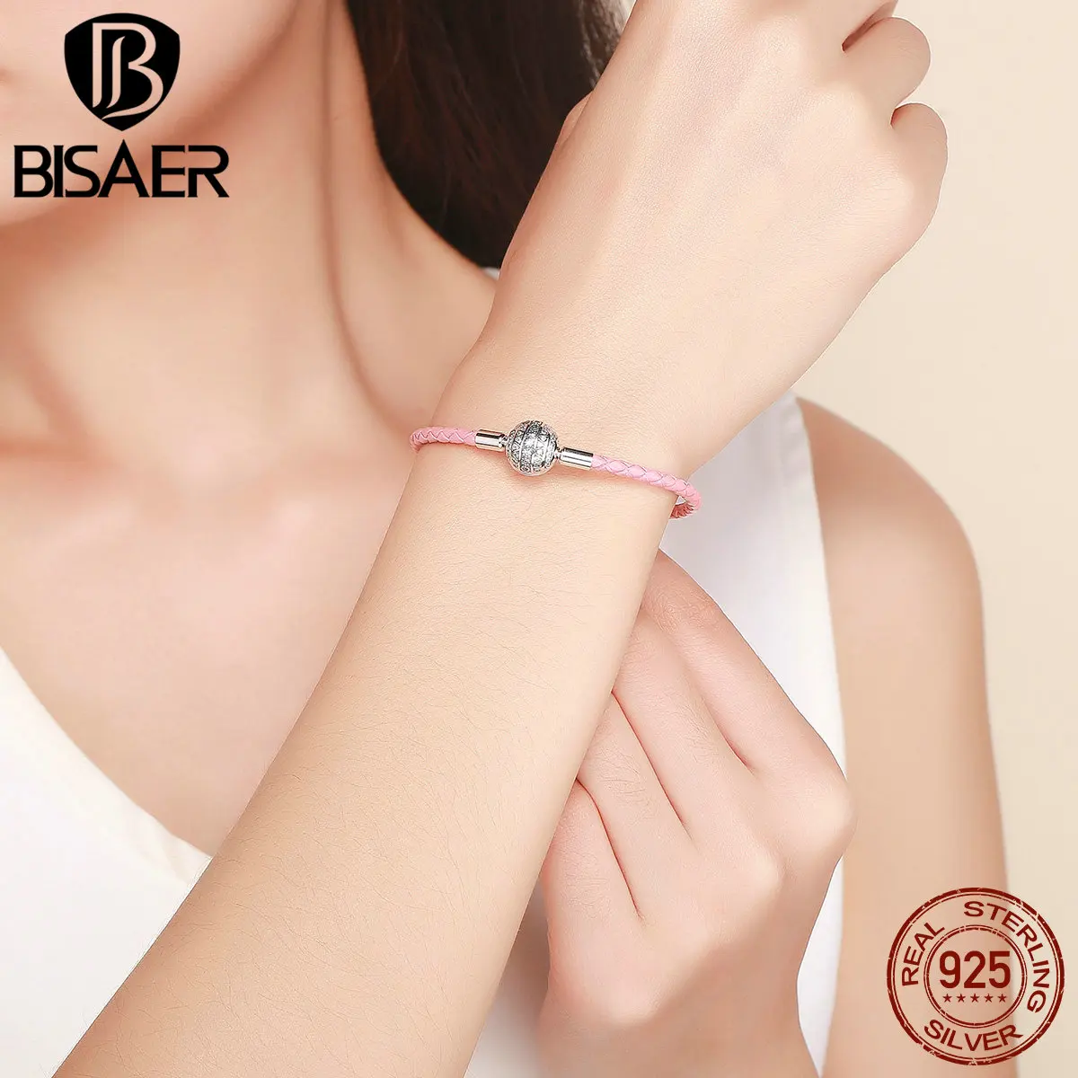BISAER, настоящее 925 пробы, серебристо-розовые браслеты из веревки и кожи для женщин, прозрачные CZ круглые браслеты с застежкой, серебряные ювелирные изделия ECB114