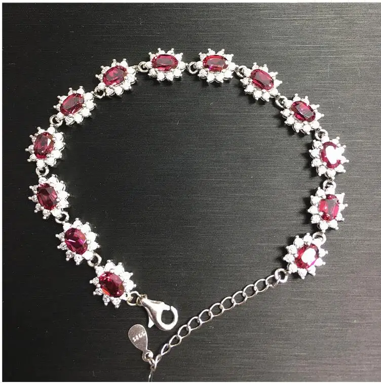 

Garnet chain bracelet Free shipping Real natural red garnet 925 sterling silver Luxury bracelets 4*6mm 13pcs