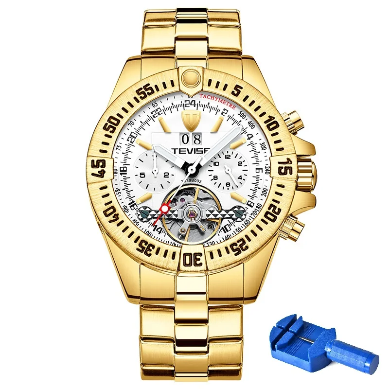Gold White TEVISE часы Мужские механические часы мужские s часы лучший бренд класса люкс календарь светящиеся руки наручные часы T839B-002 erkek saat - Цвет: Gold White