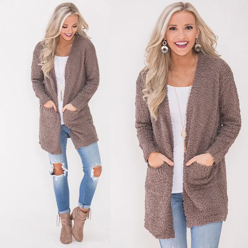 2019 Fashion Womens Popcorn Open Cardigan Long Sleeves Solid Color Knit Sweater with Pockets Tops Front Tunic Length Thin |