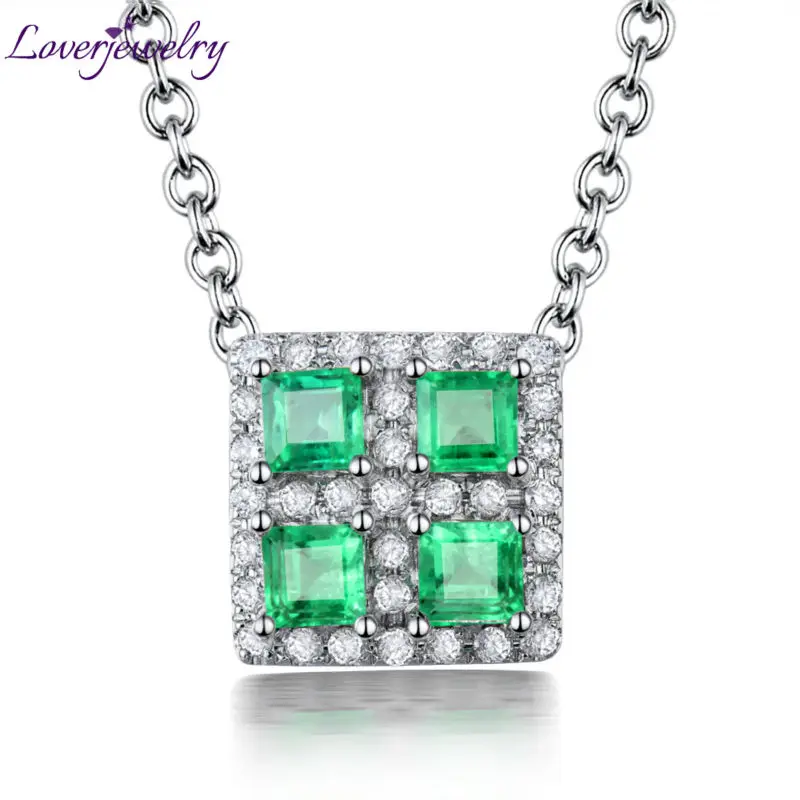 

LOVERJEWELRY Emerald Pendants 100% Natural Emerald Gemstone Pure 18Kt White Gold Diamonds Pendant For Young Lady Party Jewelry