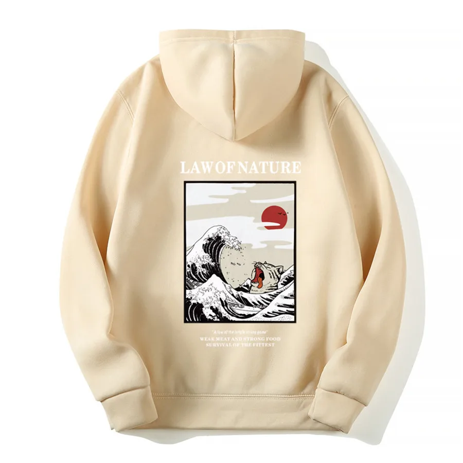 Off white Мужские толстовки с капюшоном в японском стиле с забавным изображением кота и волн, флисовая зимняя мужская толстовка в стиле хип-хоп/wo, повседневные толстовки с принтом, уличная одежда - Цвет: Off white