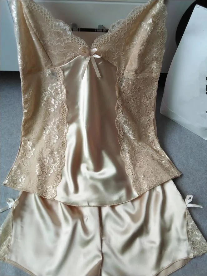 New Sexy women real silk pyjamas sets Sell well summer style luxury sleepwear hollow out deep v lace lingerie nightwear | Женская одежда