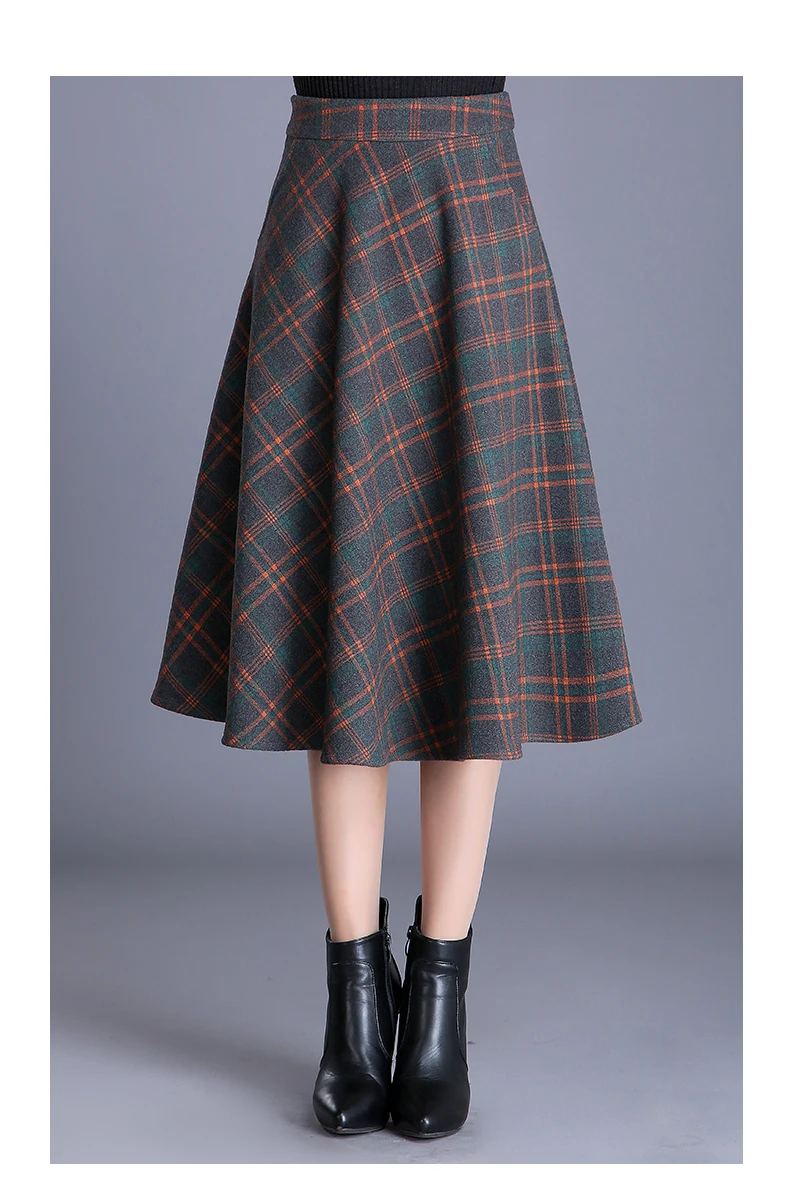 Осень Зима Толстая вязаная юбка Kilt Женская A Linie A shape большой подол миди юбки клетчатые плиссированные Biiger большие юбки
