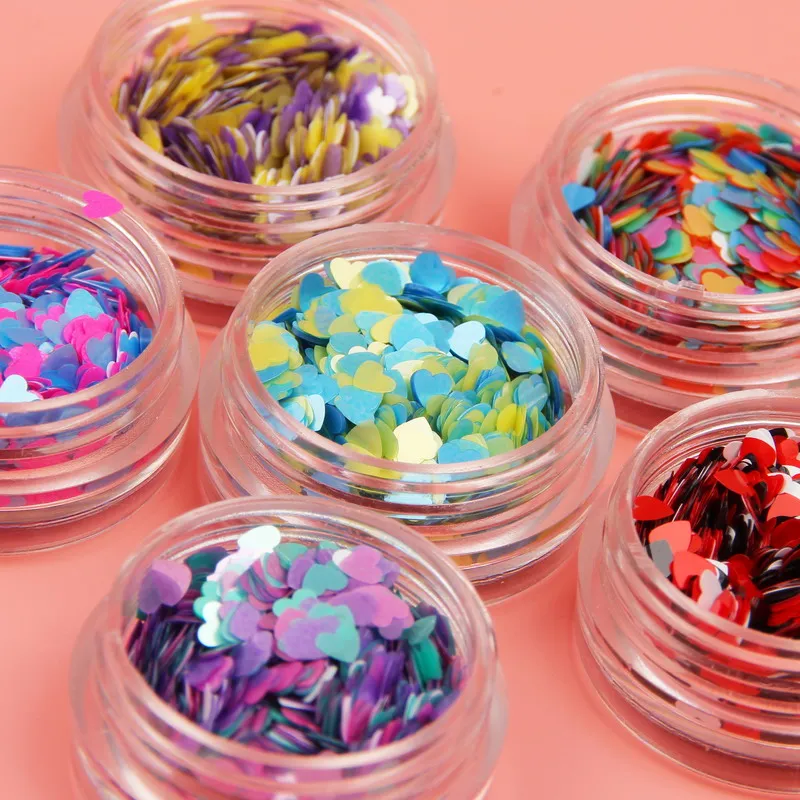 Беззеркальные 6 бутылок Красочные любящее сердце Блестки для ногтей Акриловые