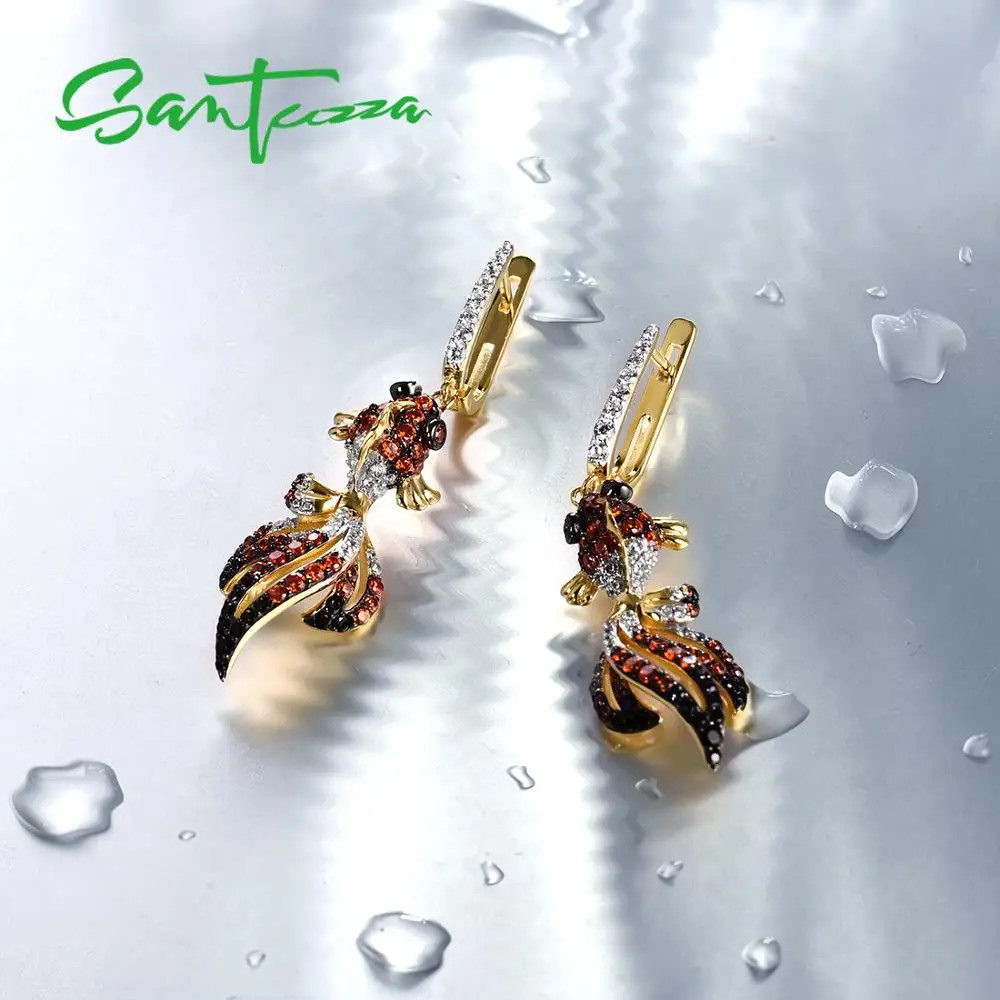 SANTUZZA, серебряные, золотые серьги-рыбки для женщин, 925 пробы, серебряные висячие серьги с кубическим цирконием, сережки женски brincos, ювелирные изделия