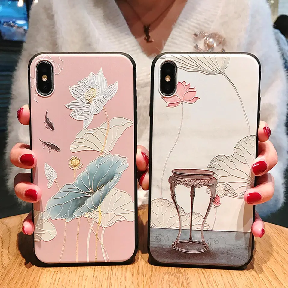 Чехол Emboss в китайском стиле для телефона чехол iPhone 6 S 7 8 Plus Capa XS XR XSMax Lotus Back X |