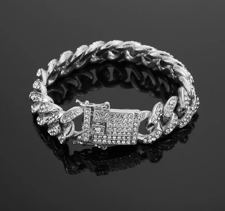 Посеребренный Горячая хип-хоп Iced Out Bling CZ мужской браслет Мода 18-20 см Длинные Браслеты из США кубинские мужские ювелирные изделия Хип-хоп подарки - Окраска металла: Посеребренный