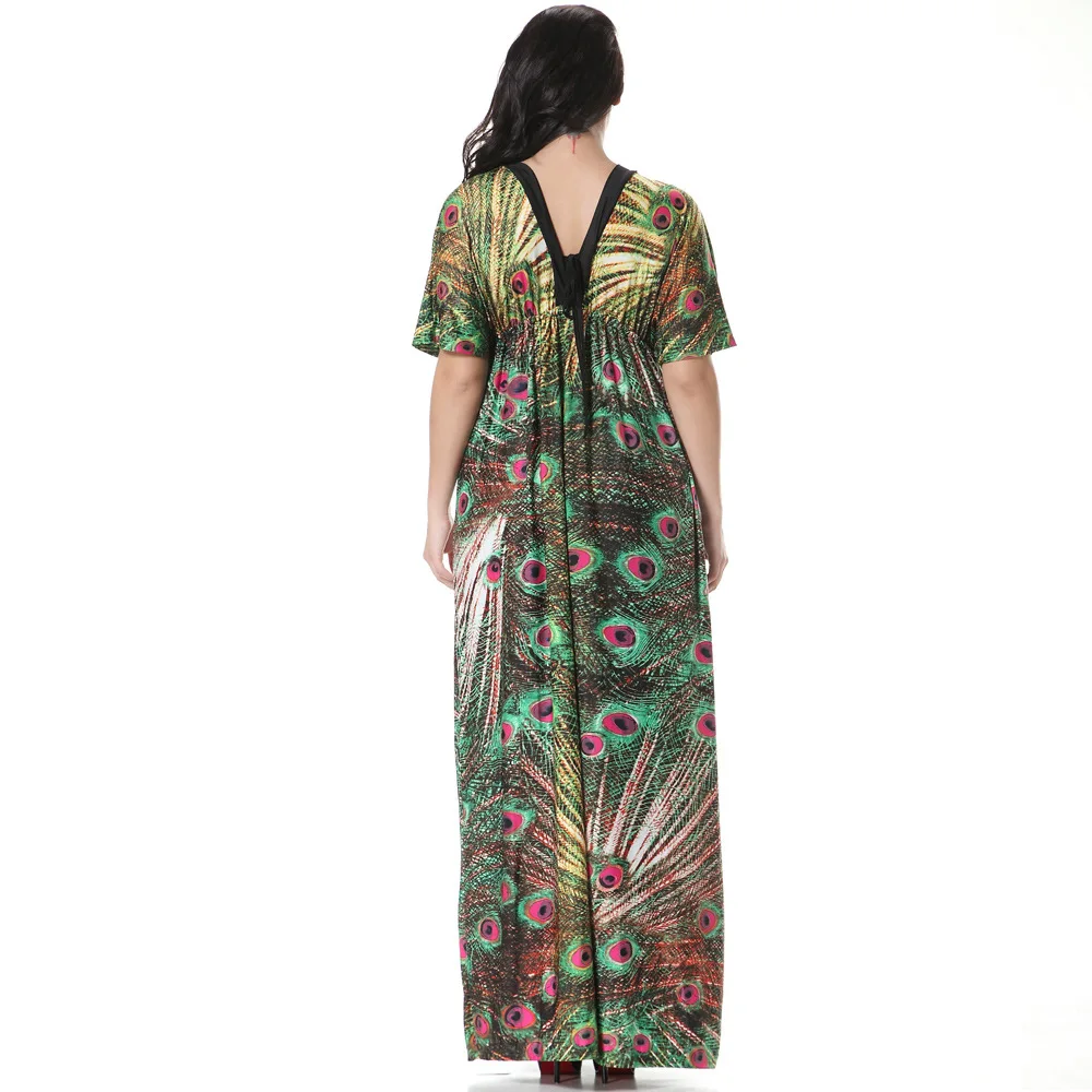 

2019 Women Summer Dress Printed Feather Long Maxi Dress V Neck Batwing Sleeve Vestidos de verano mujeres Beach Sundress